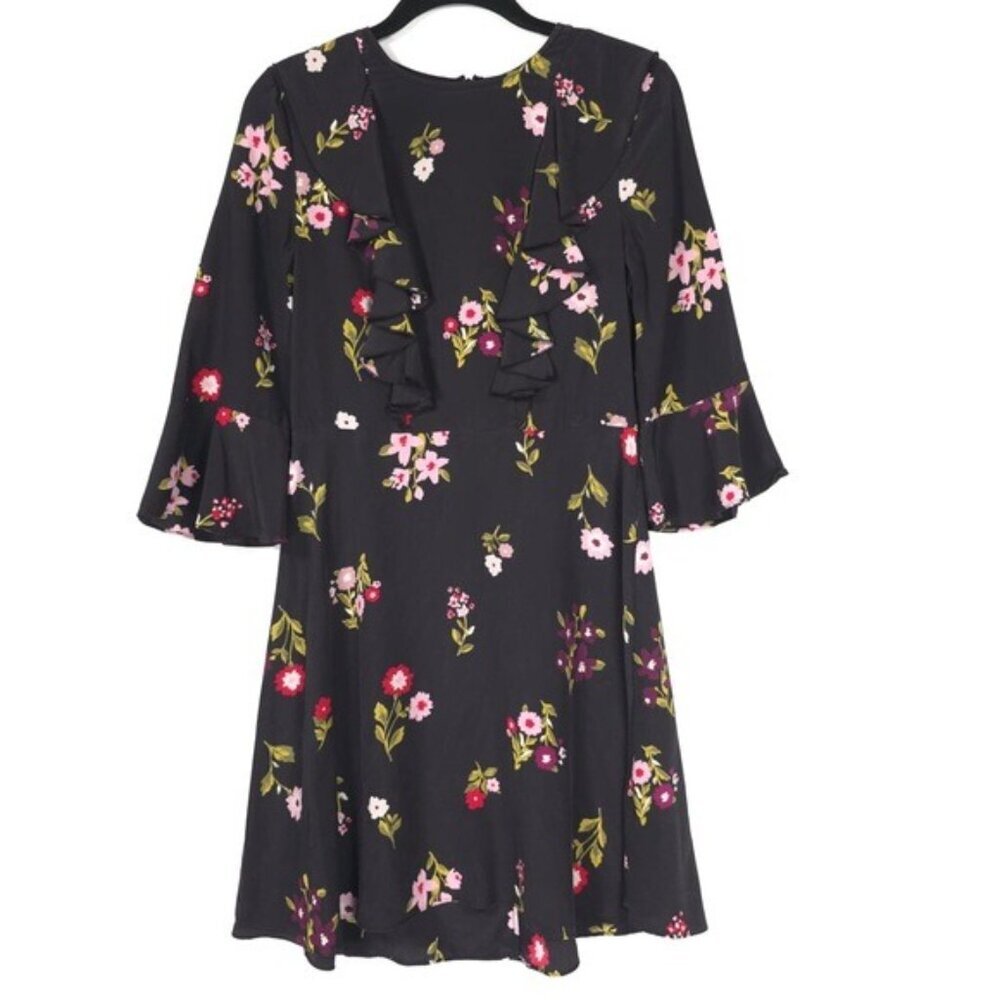 Kate‎ Spade 100% SILK In Bloom Ruffle Dress Women’s Size 2 Black Floral
